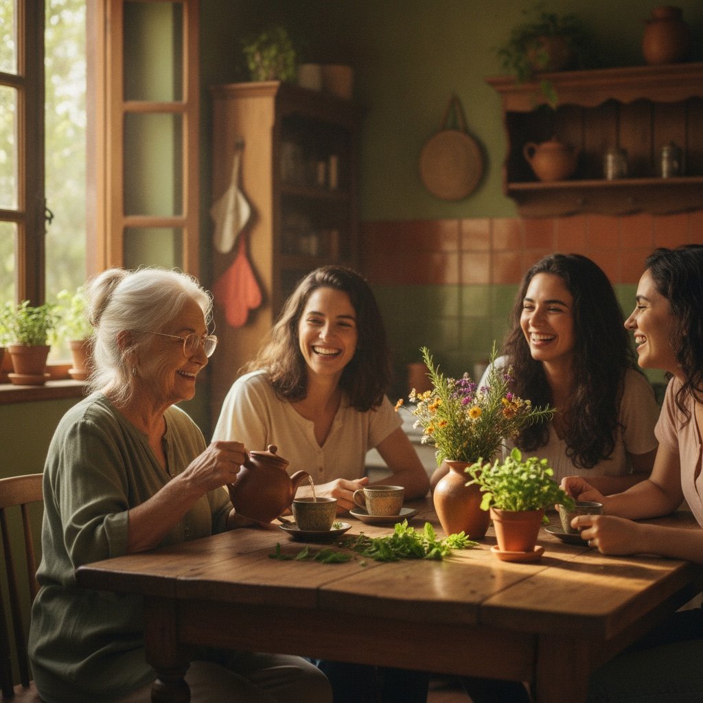Vovó servindo chá para jovens mães ao redor da mesa