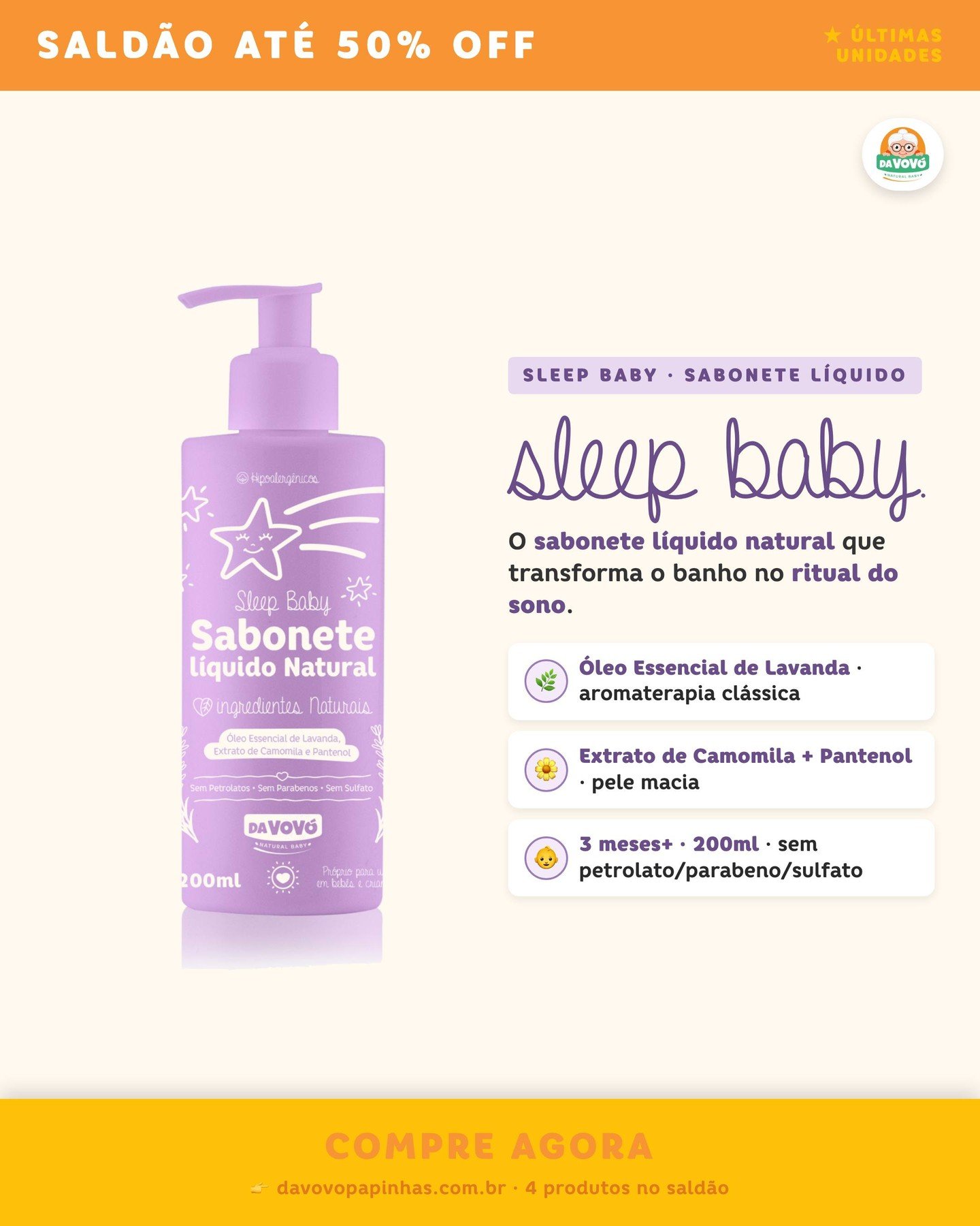 Sleep Baby. O sabonete líquido que transforma o banho no ritual do sono. 🌿